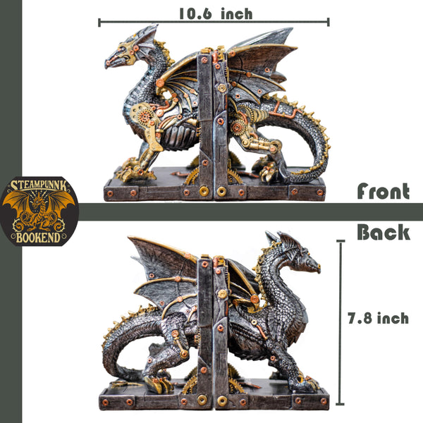 Steampunk Dragon Bookends – Metallic Resin, Set of 2