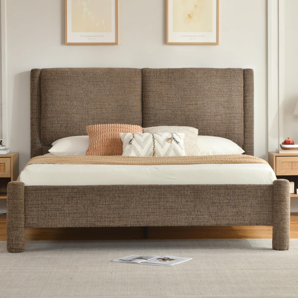 Upholstered Platform Bed Frame with Padded Headboard & Slatted Support