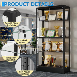 4-Tier Glass Display Cabinet with LED Lights & Lock