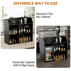 Home Bar Cabinet with Mini Fridge Space, Power Outlet & Wine Glass Holder