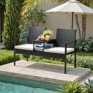 Outdoor Wicker Loveseat with Built-In Coffee Table & Storage