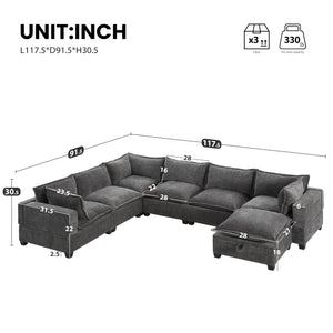U-Shaped Sectional Sofa with Storage Ottoman – 7-Seat Chenille Couch, Grey
