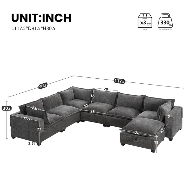 U-Shaped Sectional Sofa with Storage Ottoman – 7-Seat Chenille Couch, Grey