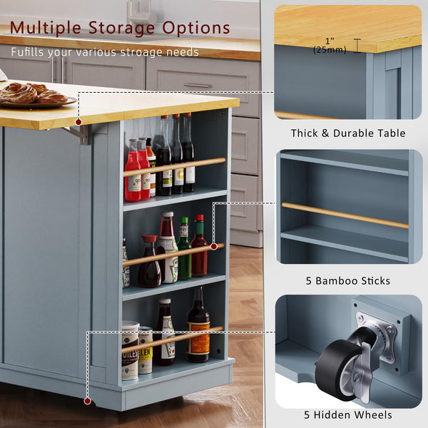 Rolling Kitchen Island with Drop Leaf & Power Outlet