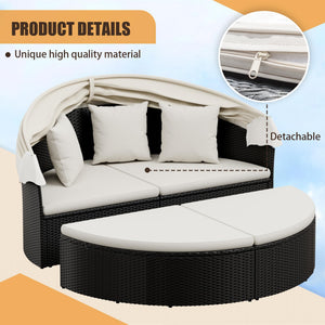 Round Patio Daybed with Retractable Canopy & Washable Cushions