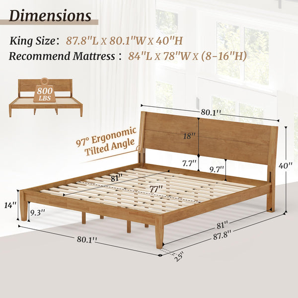 Solid Rubberwood Platform Bed Frame with Headboard