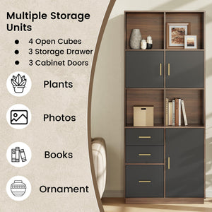 Tall Bookcase with Drawers, Doors & Open Shelves