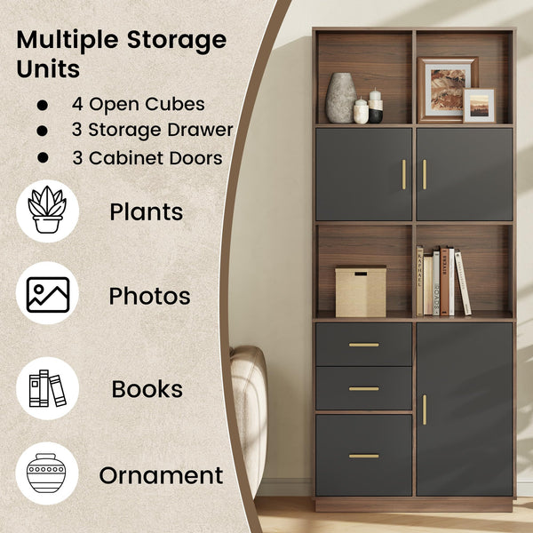 Tall Bookcase with Drawers, Doors & Open Shelves