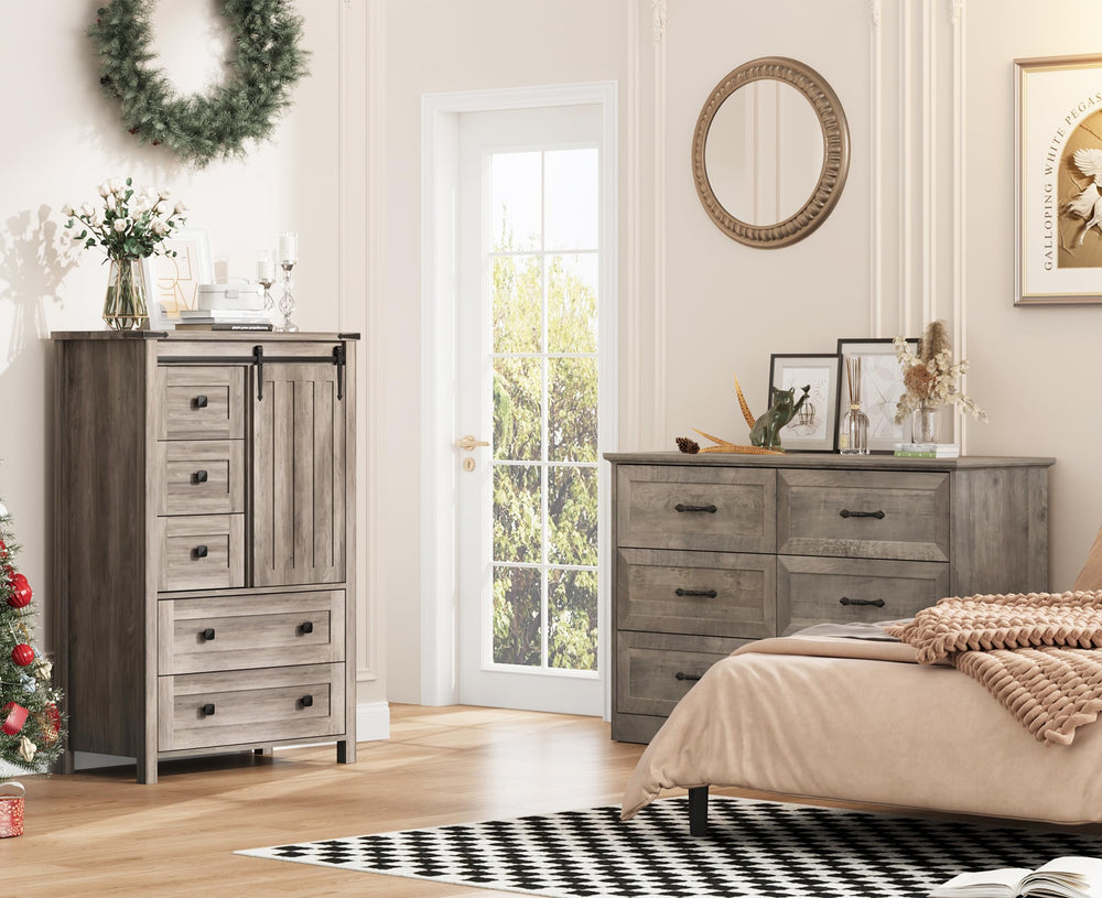 Farmhouse 5-Drawer Dresser with Sliding Barn Door