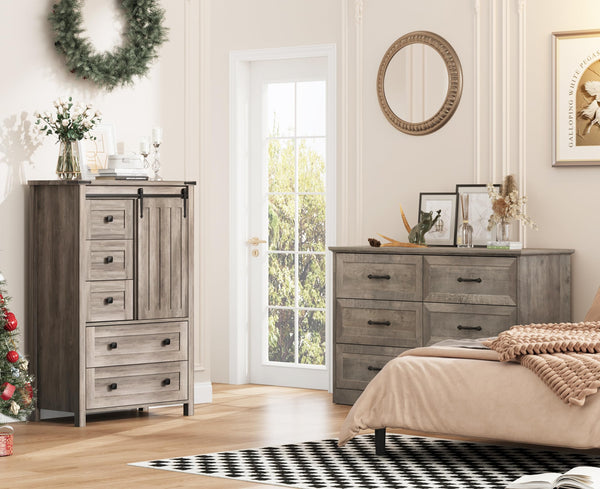 Farmhouse 5-Drawer Dresser with Sliding Barn Door