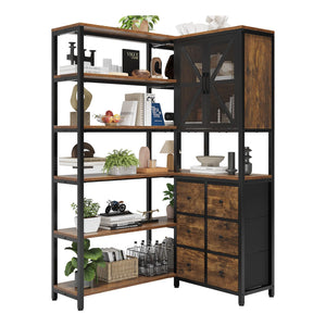 L-Shaped Corner Bookshelf with Fabric Drawers, 6-Tier