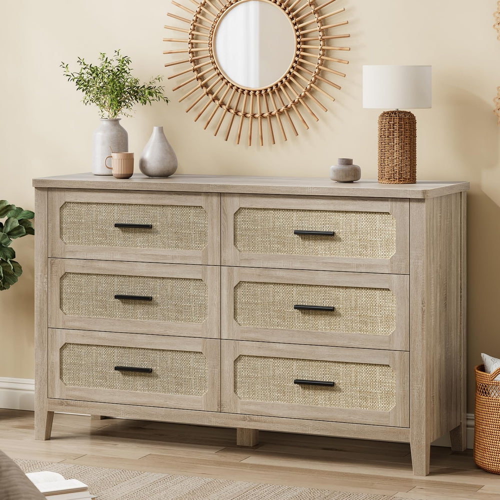 Rattan 6-Drawer Dresser | 48" Wide Boho Chest of Drawers
