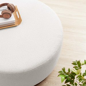 38" Round Boucle Upholstered Ottoman with Wood Base