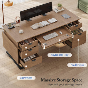 63 Inch Executive Desk with Charging Station, 6 Drawers, File Drawer & Keyboard Tray