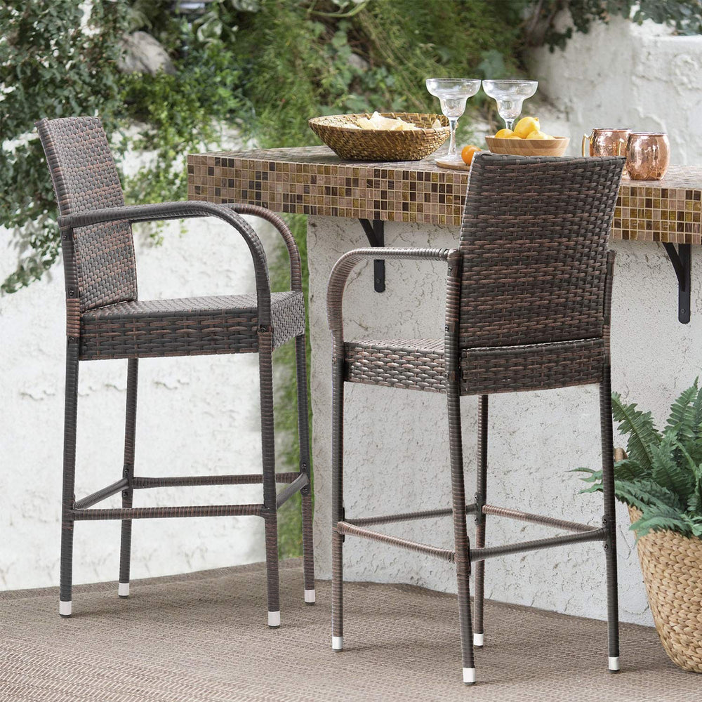 Outdoor Wicker Bar Stool Set with Footrest & Armrest (Set of 2, Brown)