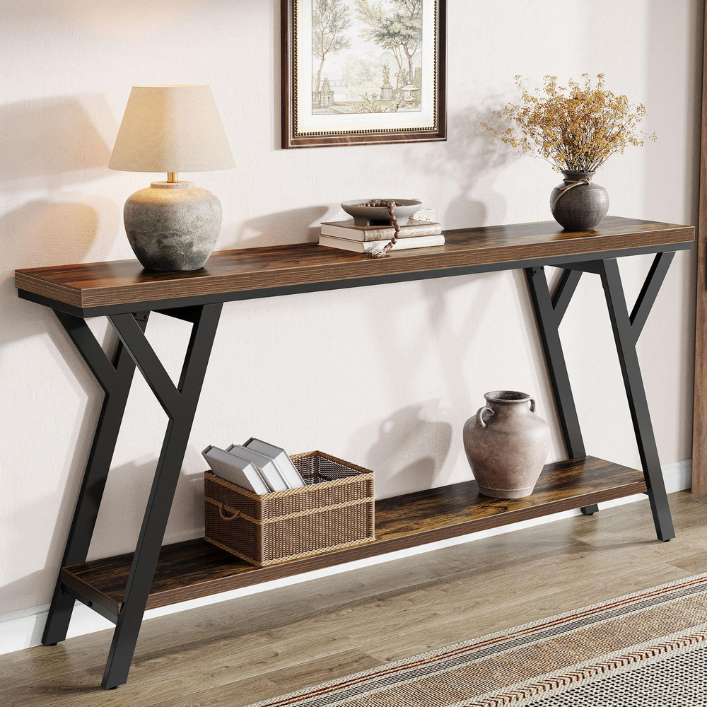 70.9" Narrow Industrial Console Table with 2-Tier Shelf