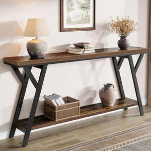 70.9" Narrow Industrial Console Table with 2-Tier Shelf