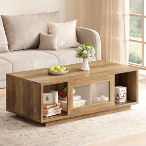 Rustic Wood Coffee Table with Sliding Door Storage