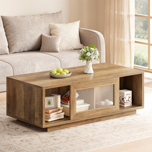 Rustic Wood Coffee Table with Sliding Door Storage