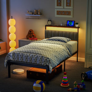 Twin Bed Frame with Headboard, LED Lights & Charging Station