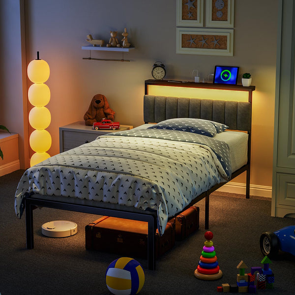 Twin Bed Frame with Headboard, LED Lights & Charging Station