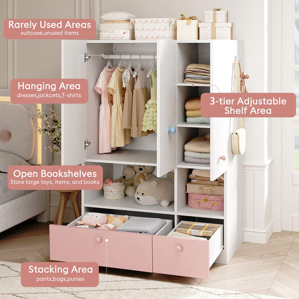 White 3-Door Wardrobe Armoire with Hanging Rod, Shelves & Drawers