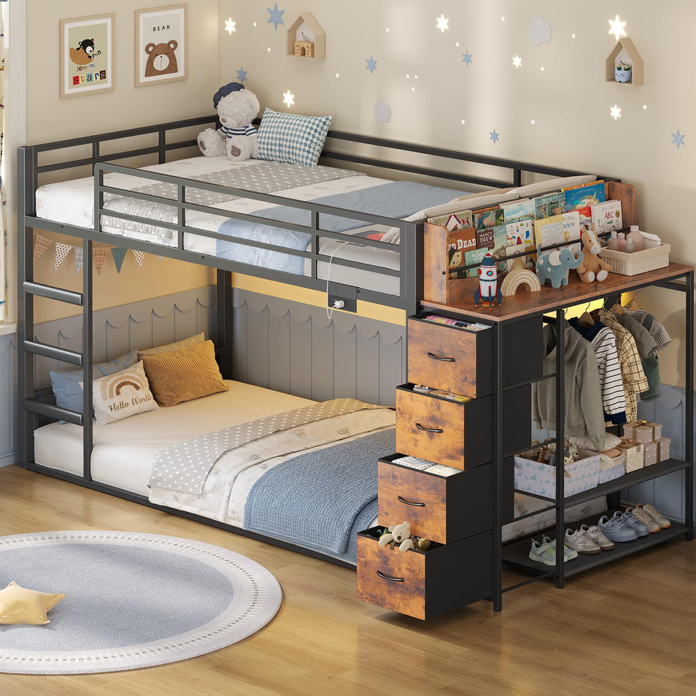 Twin Over Twin Low Bunk Bed with Storage & RGB Lights