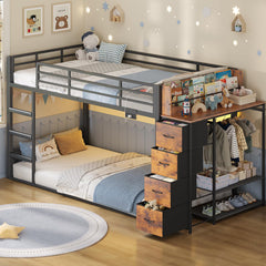 Twin Over Twin Low Bunk Bed with Storage & RGB Lights