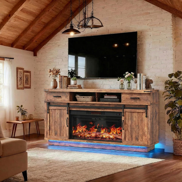 Fireplace TV Stand with Electric Fireplace, LED Light & Sliding Barn Door – Fits TVs up to 65"