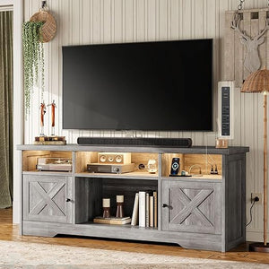 65-Inch Farmhouse TV Stand with LED Lights, Power Outlet & Storage Cabinets