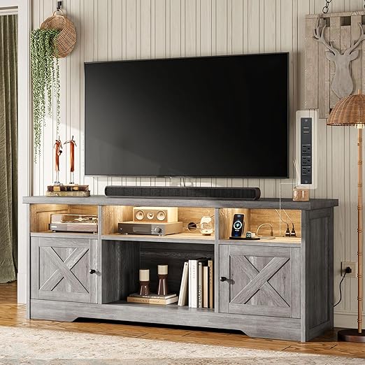 65-Inch Farmhouse TV Stand with LED Lights, Power Outlet & Storage Cabinets