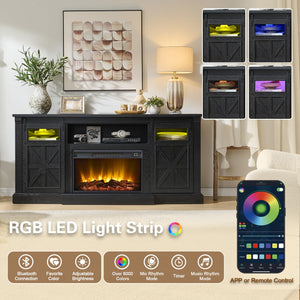 70" Fireplace TV Stand with LED Lights & Sliding Barn Door