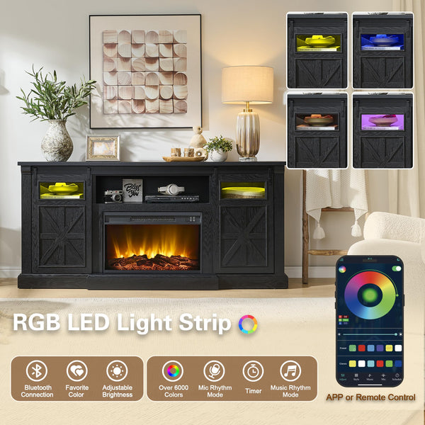 70" Fireplace TV Stand with LED Lights & Sliding Barn Door