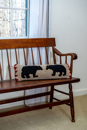 Two Black Bears Wool Throw Pillow 8x24 – Hand-Hooked Lumbar Pillow