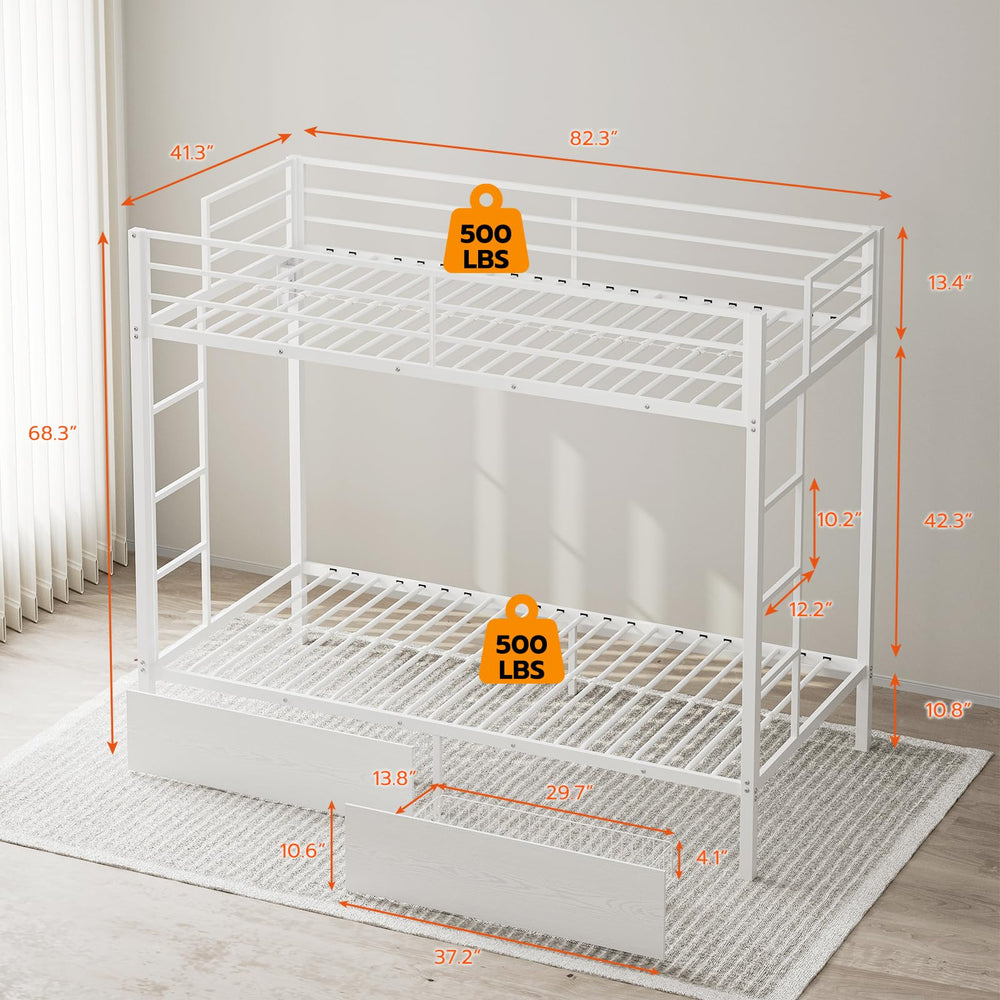 Twin XL Over Twin XL Metal Bunk Bed with LED Lights & Storage Drawers