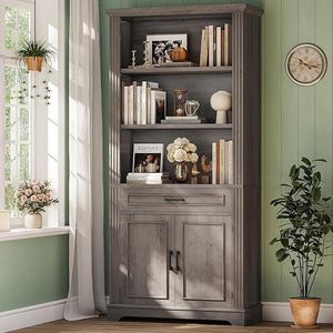 6-Tier Farmhouse Bookcase with Cabinet Doors and Drawer – 70" Tall
