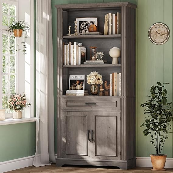 6-Tier Farmhouse Bookcase with Cabinet Doors and Drawer – 70" Tall