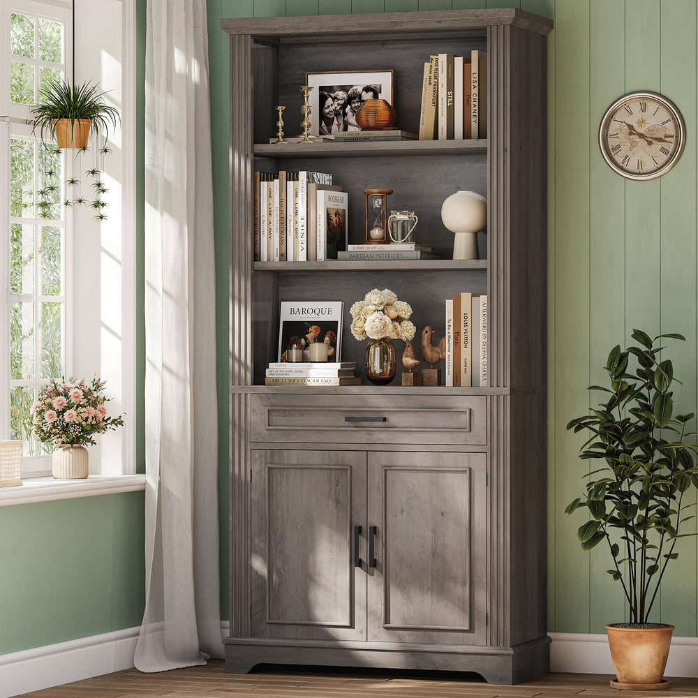 6-Tier Farmhouse Bookcase with Doors, Drawer & Adjustable Shelves – 70" Tall