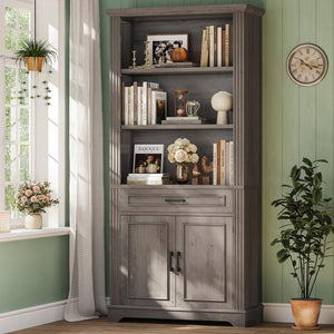 6-Tier Farmhouse Bookcase with Doors, Drawer & Adjustable Shelves – 70" Tall