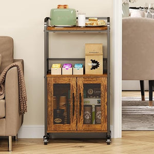 3-Tier Coffee Bar Cabinet with Wheels & Wire Basket Drawer