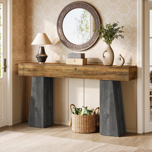 63-Inch Farmhouse Console Table with Double Trapezoid Base