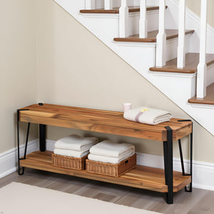 48" Live Edge Acacia Wood Bench with Bottom Shelf