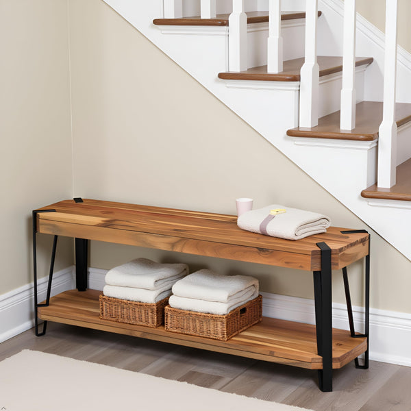 48" Live Edge Acacia Wood Bench with Bottom Shelf