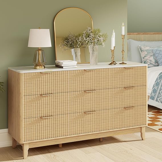Wooden Dresser TV Stand with LED Lighting & Charging Station