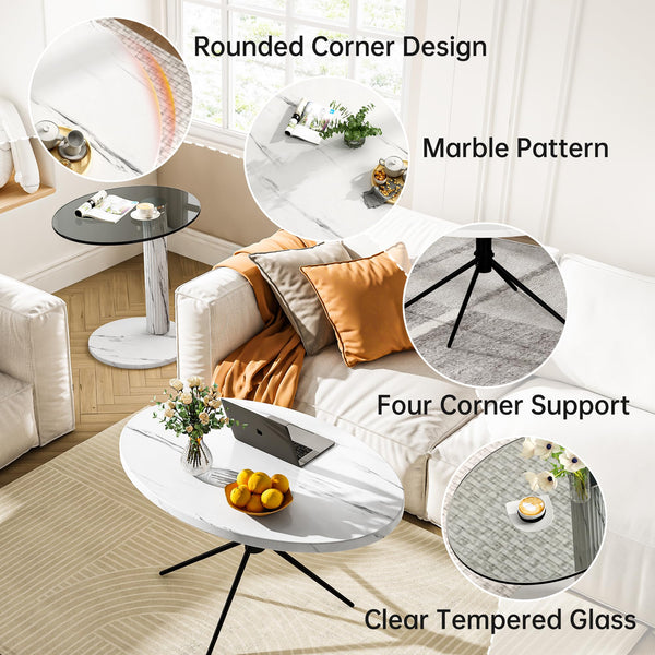 Oval Coffee Table Set of 2 - Faux Marble & Tempered Glass Top