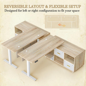 L-Shaped Height Adjustable Standing Desk with Privacy Panel, Drawers & Shelves, 61.4" x 47.2" – Maple
