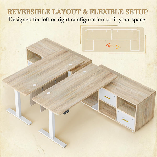 L-Shaped Height Adjustable Standing Desk with Privacy Panel, Drawers & Shelves, 61.4" x 47.2" – Maple