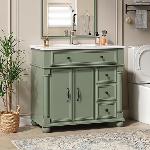 36" Farmhouse Bathroom Vanity with Integrated Ceramic Sink & Soft-Close Storage