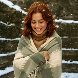 Irish Lambswool Throw Blanket – Cream & Green Check Tartan