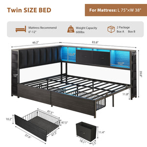 Twin Corner Bed Frame with Storage Headboard, LED Lights & Charging Station